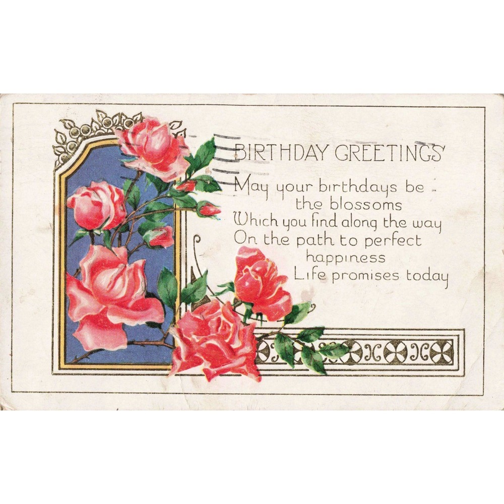 Massillon Ohio Postmarked 1934 Embossed Birthday Postcard Pink Roses